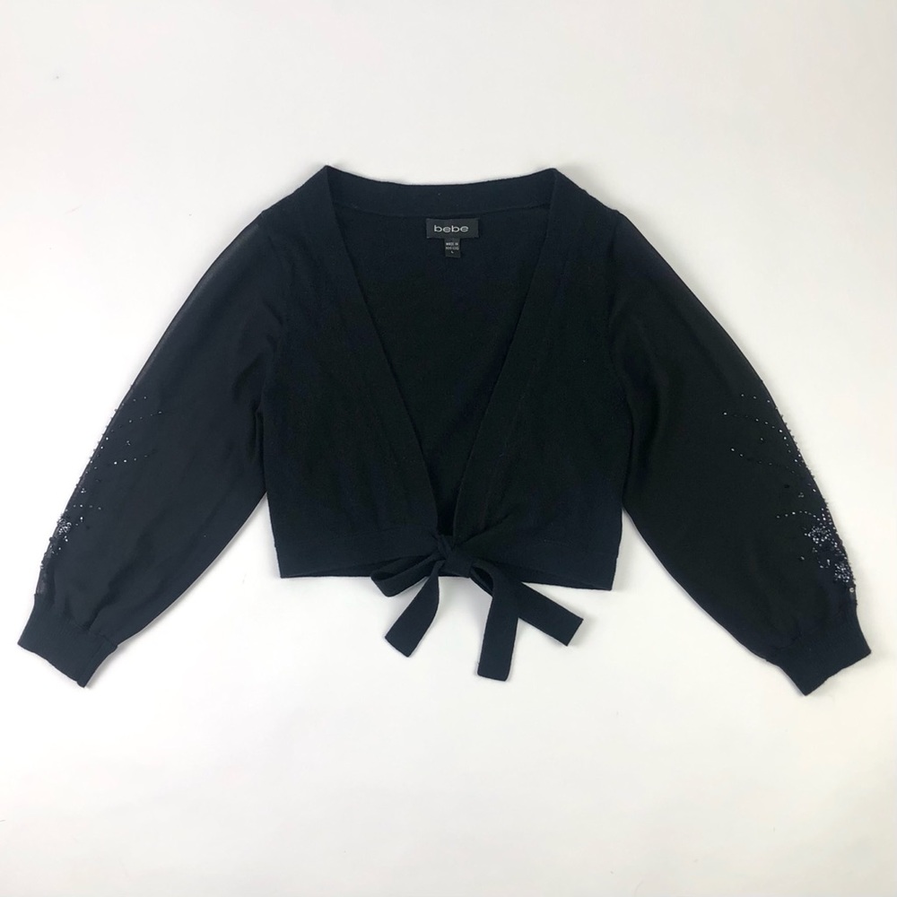 Bebe Beaded Black Crop Sheer Sleeve Knit Cardigan